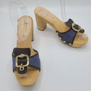 Vintage Celine Y2K Denim Leather Wood Block Heels Clog Mules MK ME A OFFER